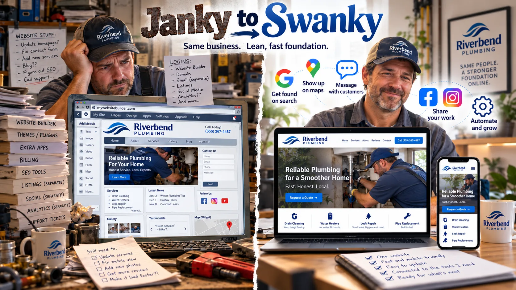 The same small business shown before and after a digital modernization pass.